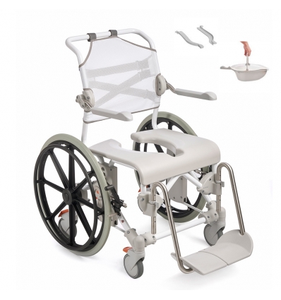 Chaise de douche et de toilettes Etac Swift Mobil 2 roues arrières 24" avec support + bassin