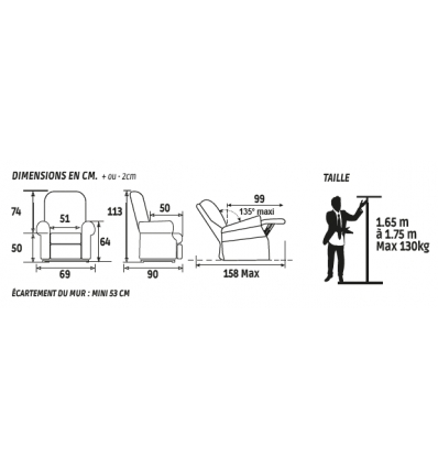 Dimensions Fauteuil releveur 1 moteur Dublin