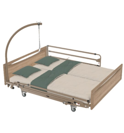 Lit médicalisé double Harmonie Euro 3000 HMS Vilgo panneaux bois main courante avec potence et barrières