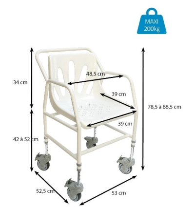 Dimensions de la chaise de douche à roulettes Nomad