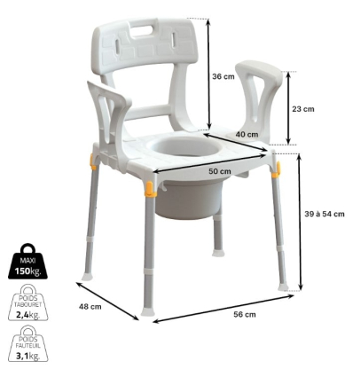 Dimensions de la chaise percée avec accoudoirs Capri blanche