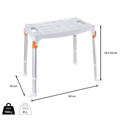 Dimensions du tabouret de douche Capri Plus avec découpe anatomique