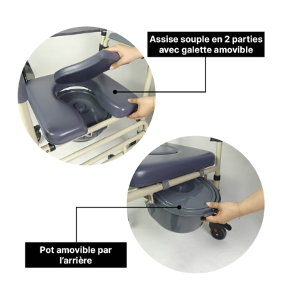 Chaise percée à roulettes pliante Sardaigne avec assise souple et pot amovible