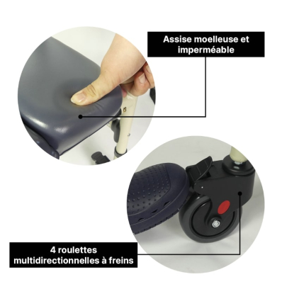 Chaise percée à roulettes pliante Sardaigne avec roues multidirectionnelles à freins