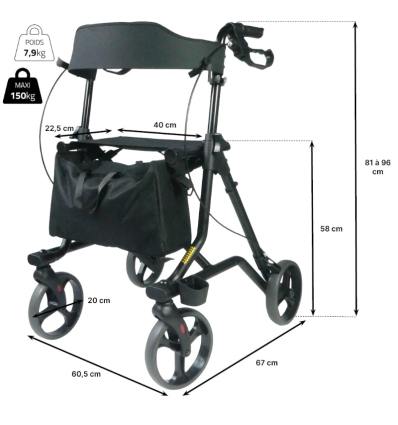 Les dimensions du déambulateur 4 roues pliable Néo Strong