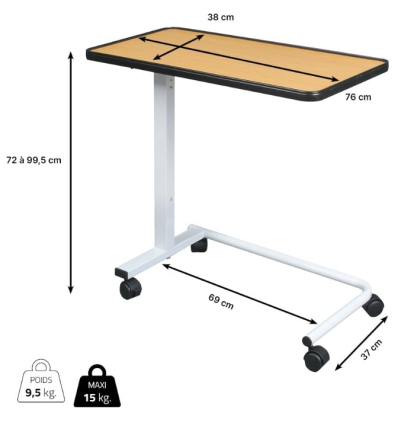 Table de lit roulante médicalisé Corfou dimensions 1 plateau