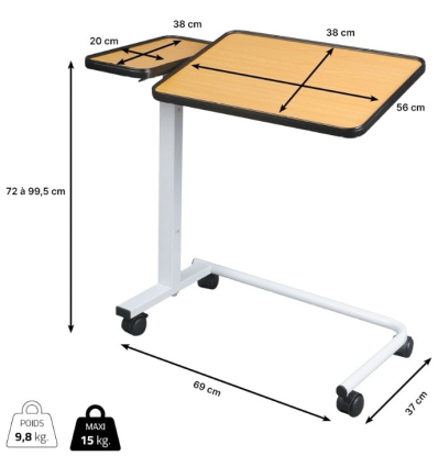 Table de lit roulante médicalisé Corfou dimensions 2 plateaux