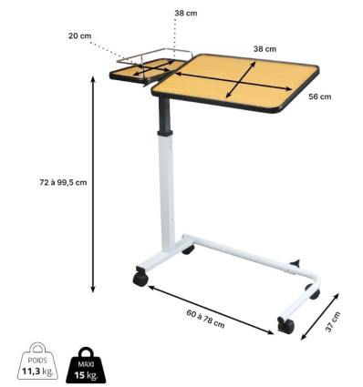 Table de lit roulante médicalisé Corfou dimensions evolution