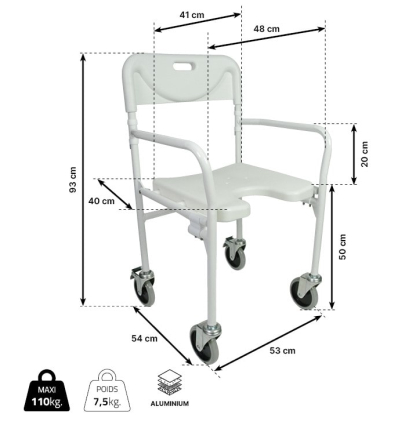 Dimensions de la chaise de douche pliable à roulettes Tobago