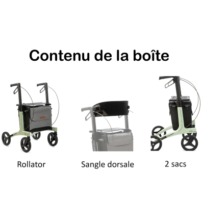 Déambulateur 4 roues ultra-léger en carbone Rollz Air avec dossier et 2 sacs
