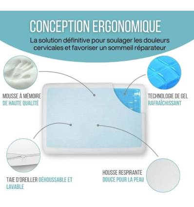 Oreiller à mémoire de forme avec gel rafraîchissant Confort Gel
