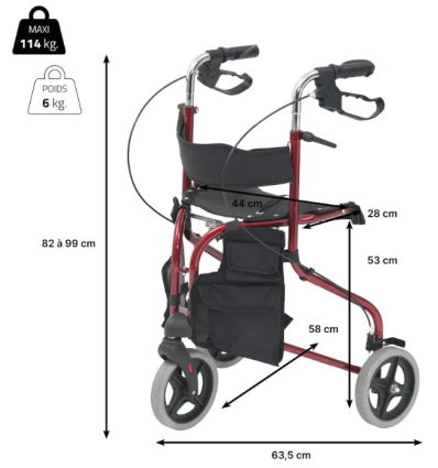 Dimensions du déambulateur 3 roues avec siège Delta Evolution