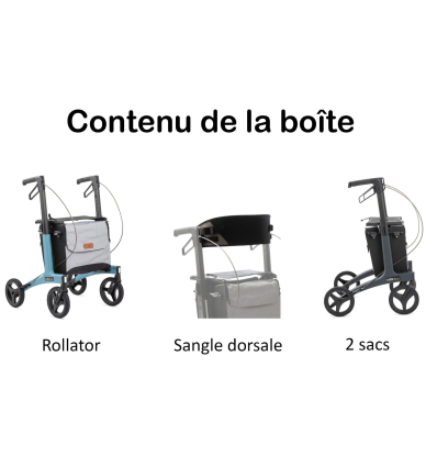 Déambulateur 4 roues léger et pliable avec pneus souples Rollz Flow avec dossier et 2 sacs