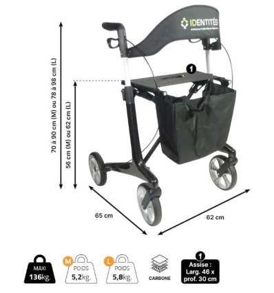Dimensions du déambulateur 4 roues léger et pliable avec siège Carbone Neo Smart