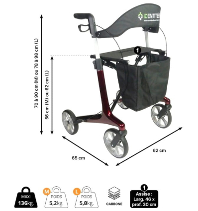 Dimensions du déambulateur 4 roues léger et pliable avec siège Carbone Neo Smart