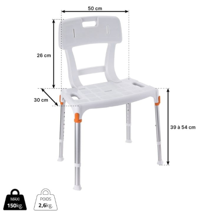 Dimensions de la chaise de douche médicale avec poignées Capri